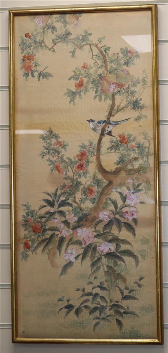 Chinese School, pair of gouache on silk, Studies of birds on flowering trees, 80 x 34cm